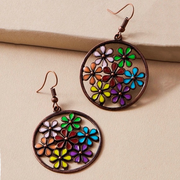 Any 4/$25! Copper Circle Colorful Flower Earrings - Picture 4 of 8